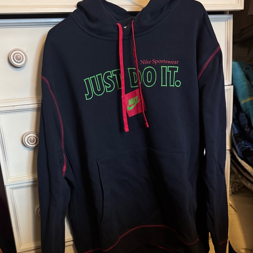Nike Men's Dark Blue Hoodie with Green and Red Accents